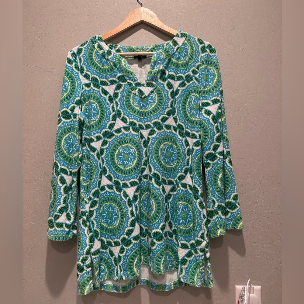 Talbots Blue Green Terrycloth Tunic Top‎ Sz Medium Medallion Printed Beach Boho